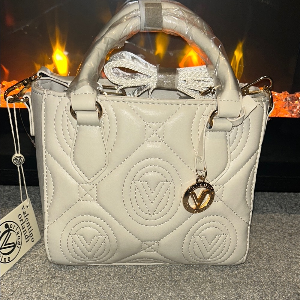 Valentino Orlandi Cream and Gold Quilted Satchel with Elegant Design